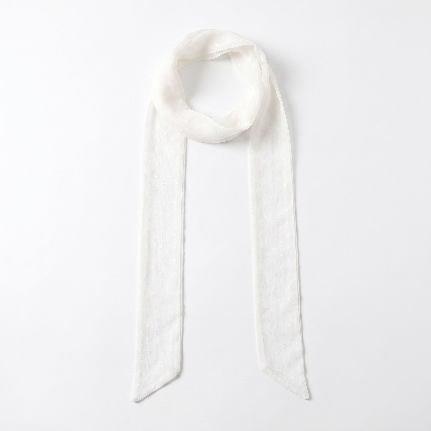 Sheer Skinny Scarf with Flocked Dot Texture and Long Neck Tie Design
