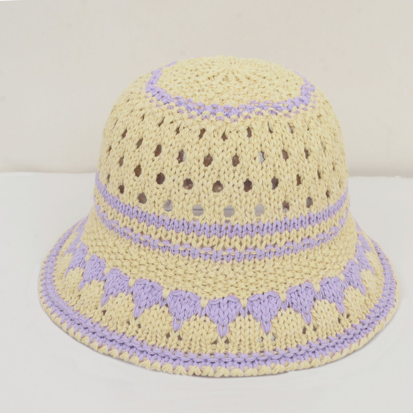 Crochet Knit Bucket Hat with Openwork Floral Pattern and Rolled Brim for Lightweight Summer Style