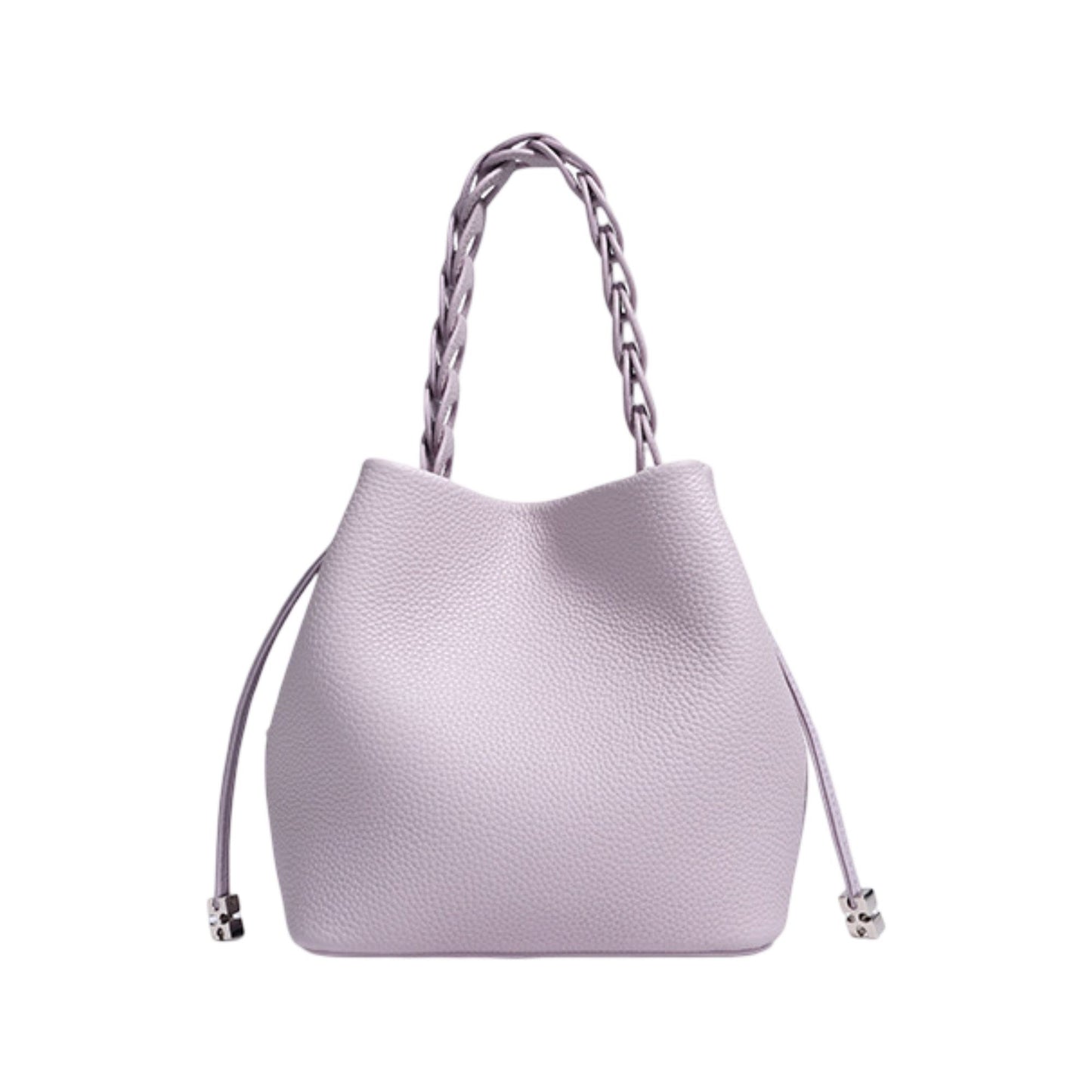 Leather Drawstring Bucket Handbag with Braided Top Handle and Adjustable Crossbody Strap