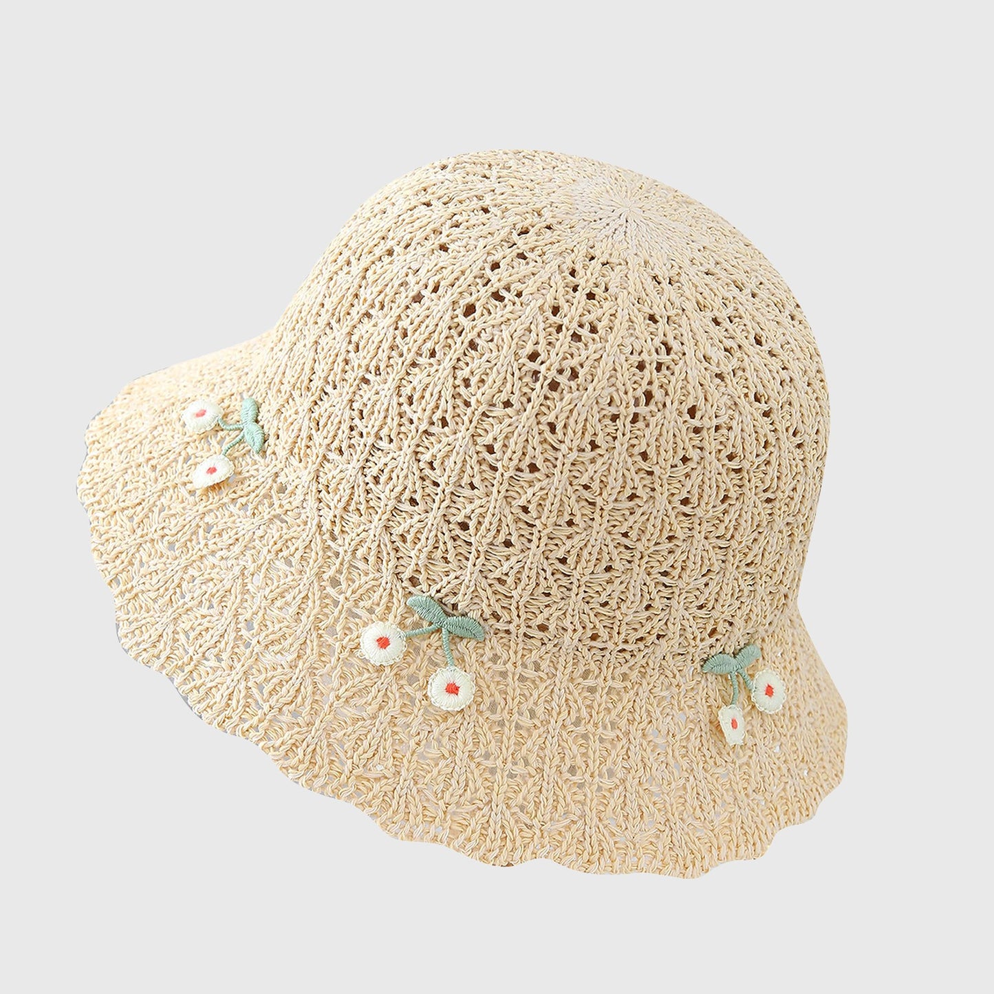 Crochet Straw Sun Hat with Cherry Accents