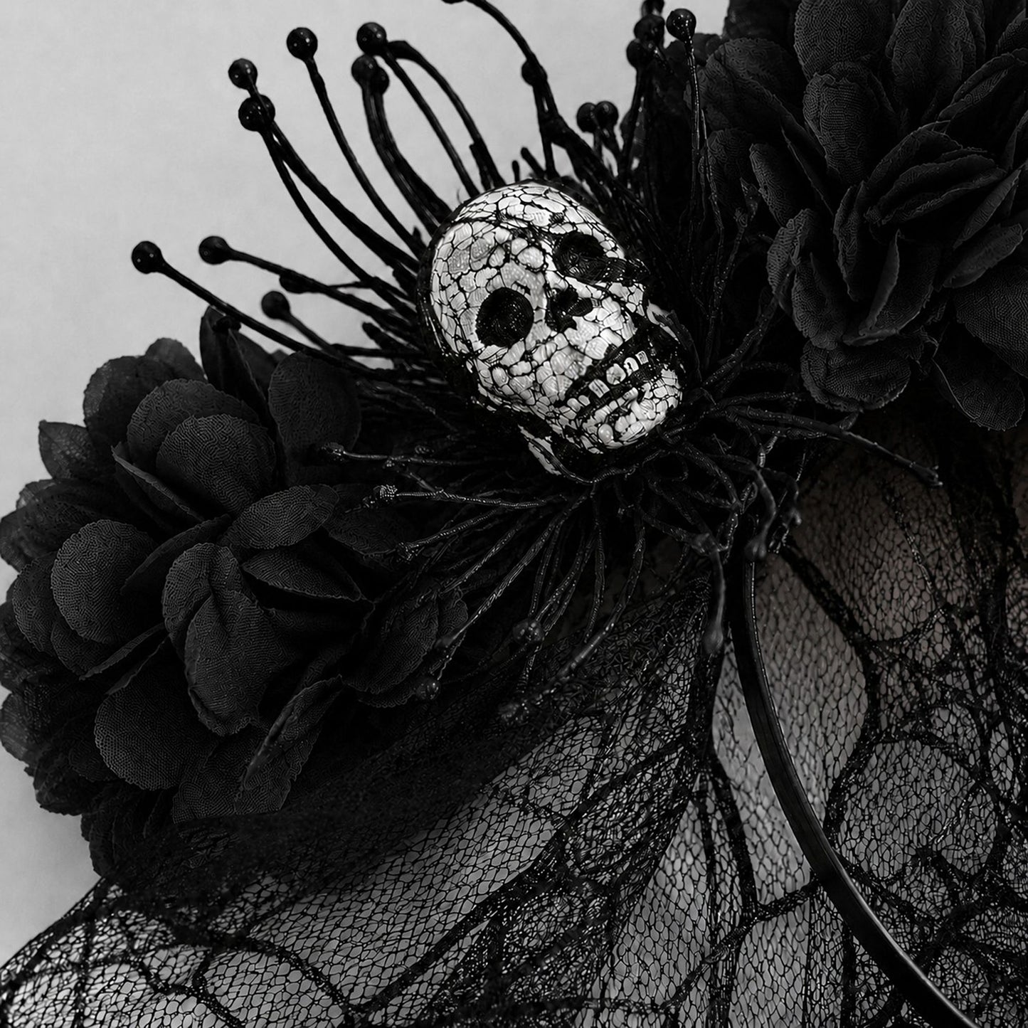 Halloween Floral Skull Headband with Spiderweb Lace Veil