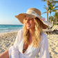 Wide Brim Straw Sun Hat with Scalloped Edge Lace Bow and Floral Accent