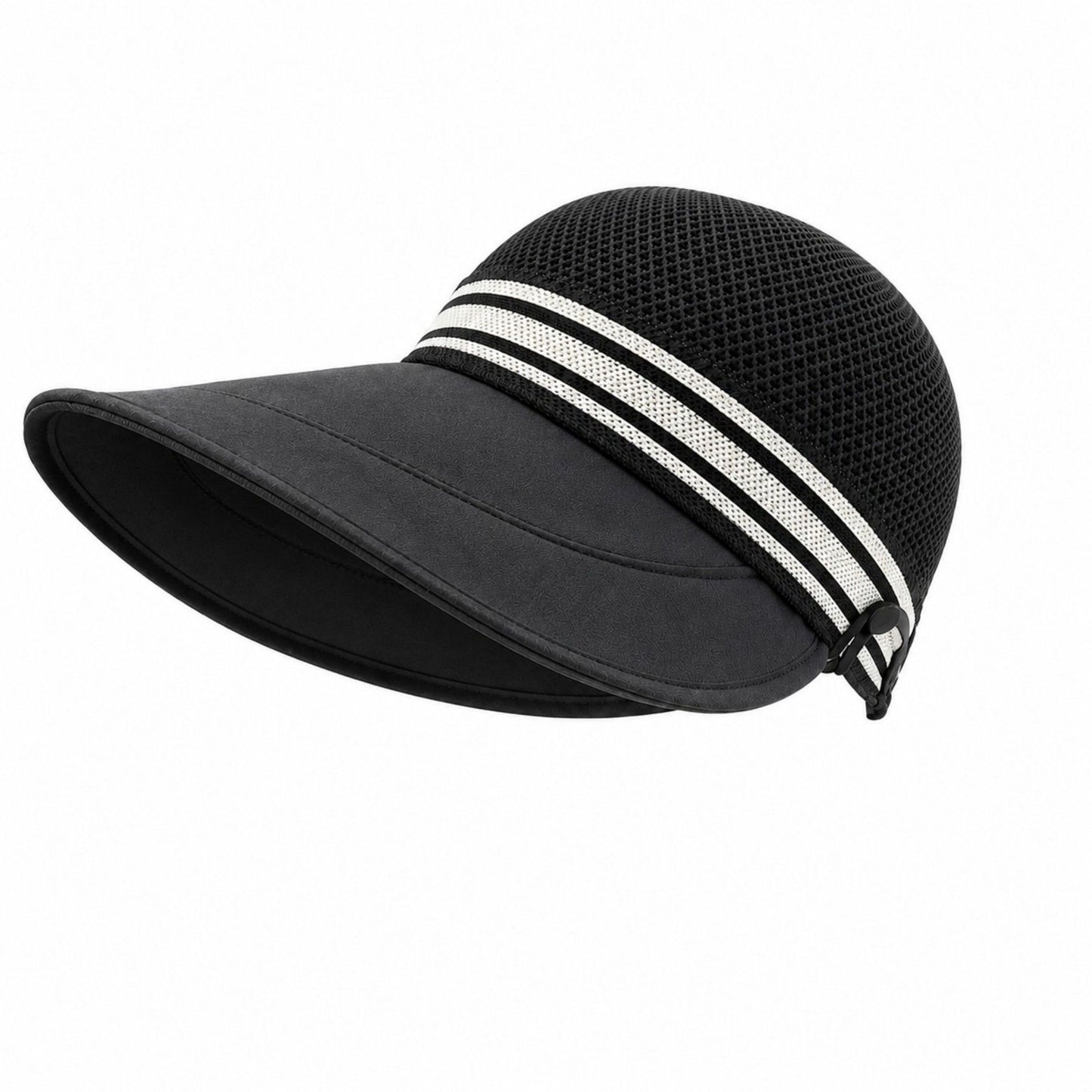 Woven Wide Brim Visor Hat with Striped Band Mesh Crown Adjustable Back Strap
