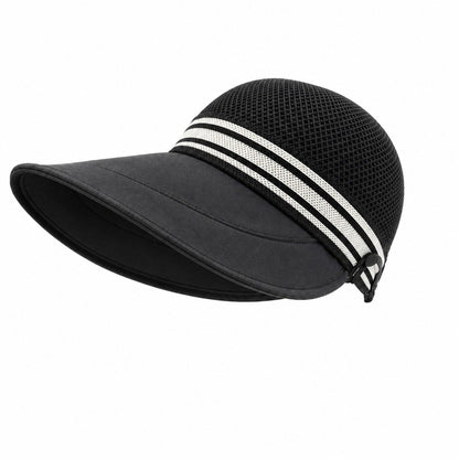 Woven Wide Brim Visor Hat with Striped Band Mesh Crown Adjustable Back Strap