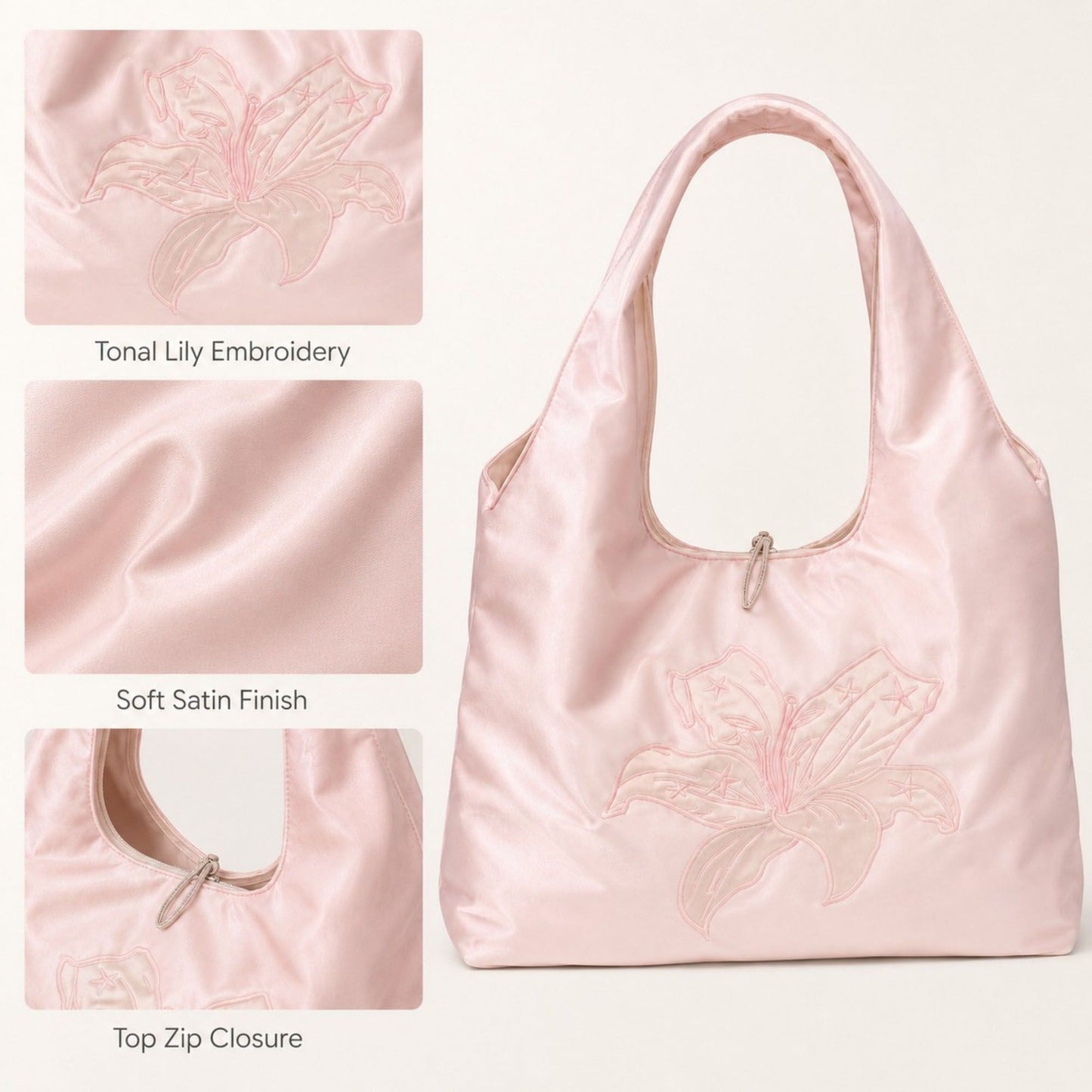 Satin Hobo Shoulder Bag with Embroidered Lily Detail