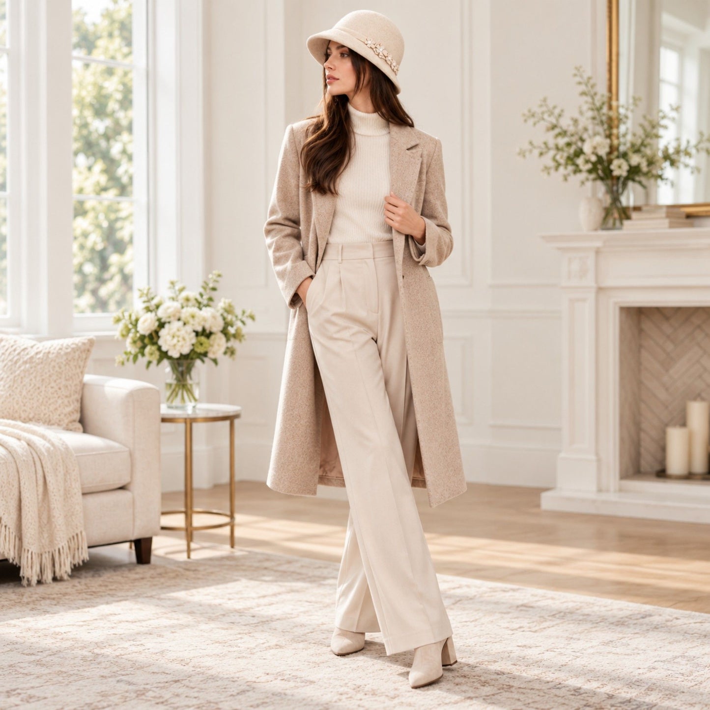 Floral Pearl Accent Cloche Hat Adjustable Brim Dress Hat