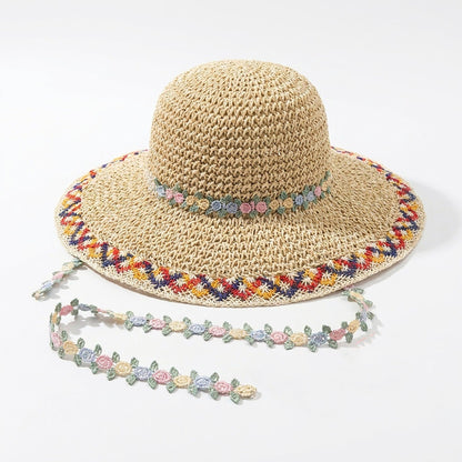 Crochet Wide Brim Sun Hat with Floral Trim Wavy Edge and Decorative Chin Strap
