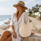 Crochet Knit Tote Bag Openwork Shoulder Bag with Heart Inspired Detail