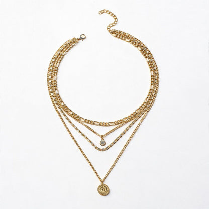 Women's Multi-Layer Chain Necklace with Coin and Crystal Pendants 14.5+2in