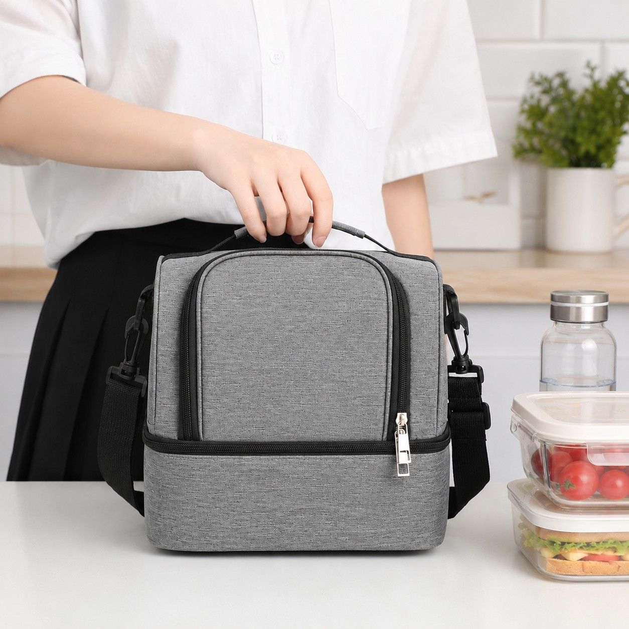 Dual Compartment Insulated Lunch Bag with Adjustable Shoulder Strap