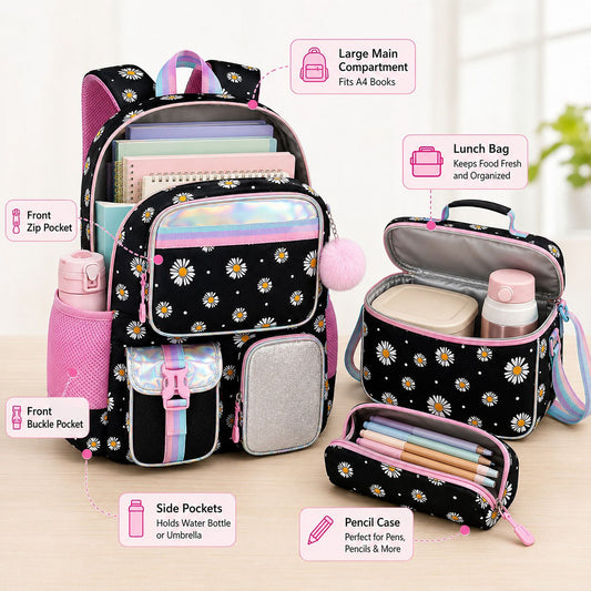 3pc Daisy Print School Backpack Lunch Bag Pencil Case Set