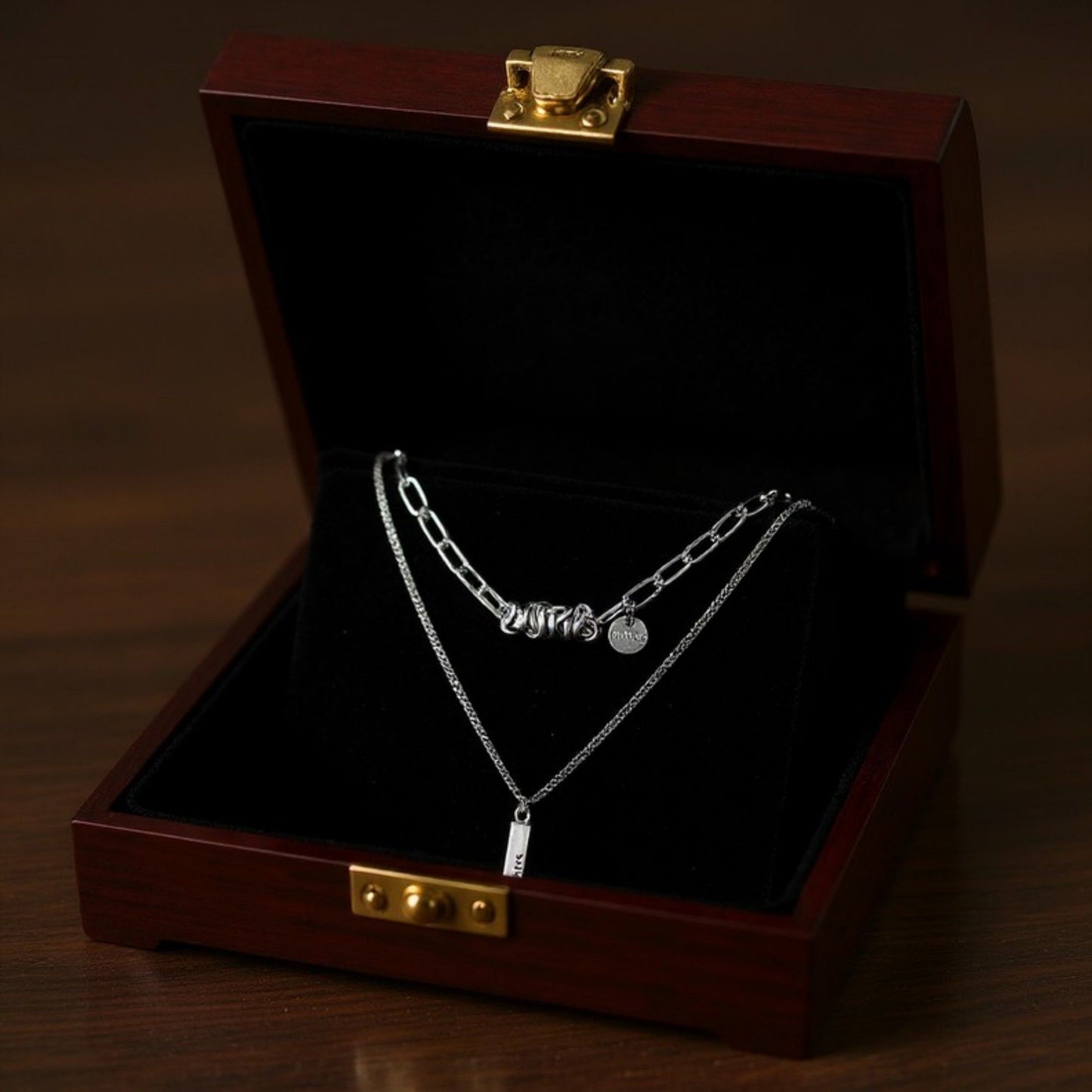 Women's Layered Chain Necklace with Engraved Dreams Pendant and Link Chain Design