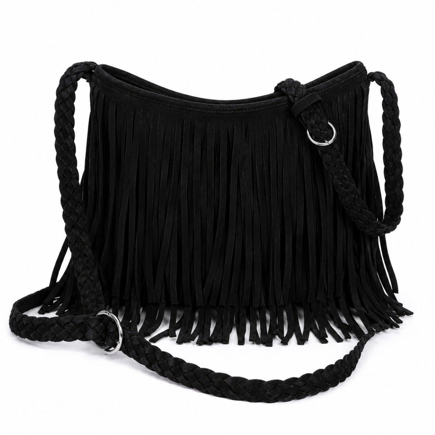 Fringe Crossbody Bag Black Suede Look Boho Shoulder Purse with Braided Strap