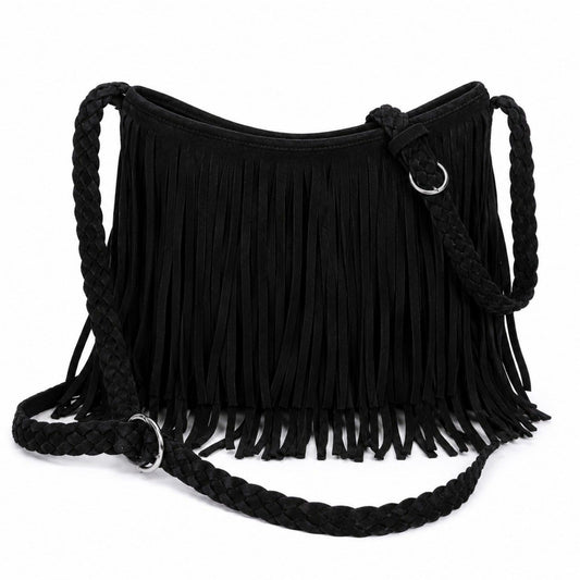 Fringe Crossbody Bag Black Suede Look Boho Shoulder Purse with Braided Strap