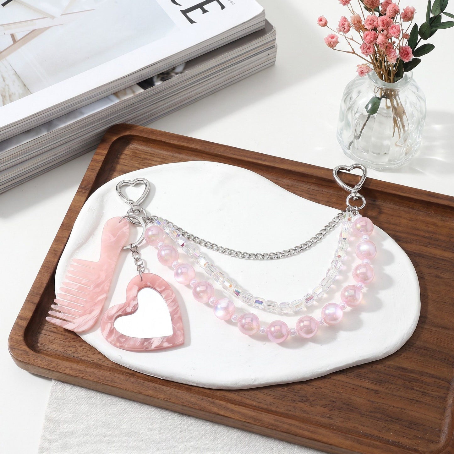 Layered Beaded Bag Charm Chain with Heart Mirror and Mini Comb
