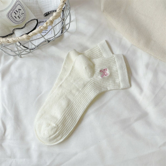 Summer Ribbed Ankle Socks with Bow Embroidery