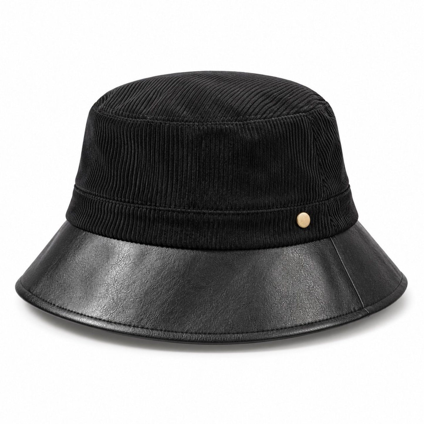 Corduroy Bucket Hat with Leather Look Brim Adjustable Fit