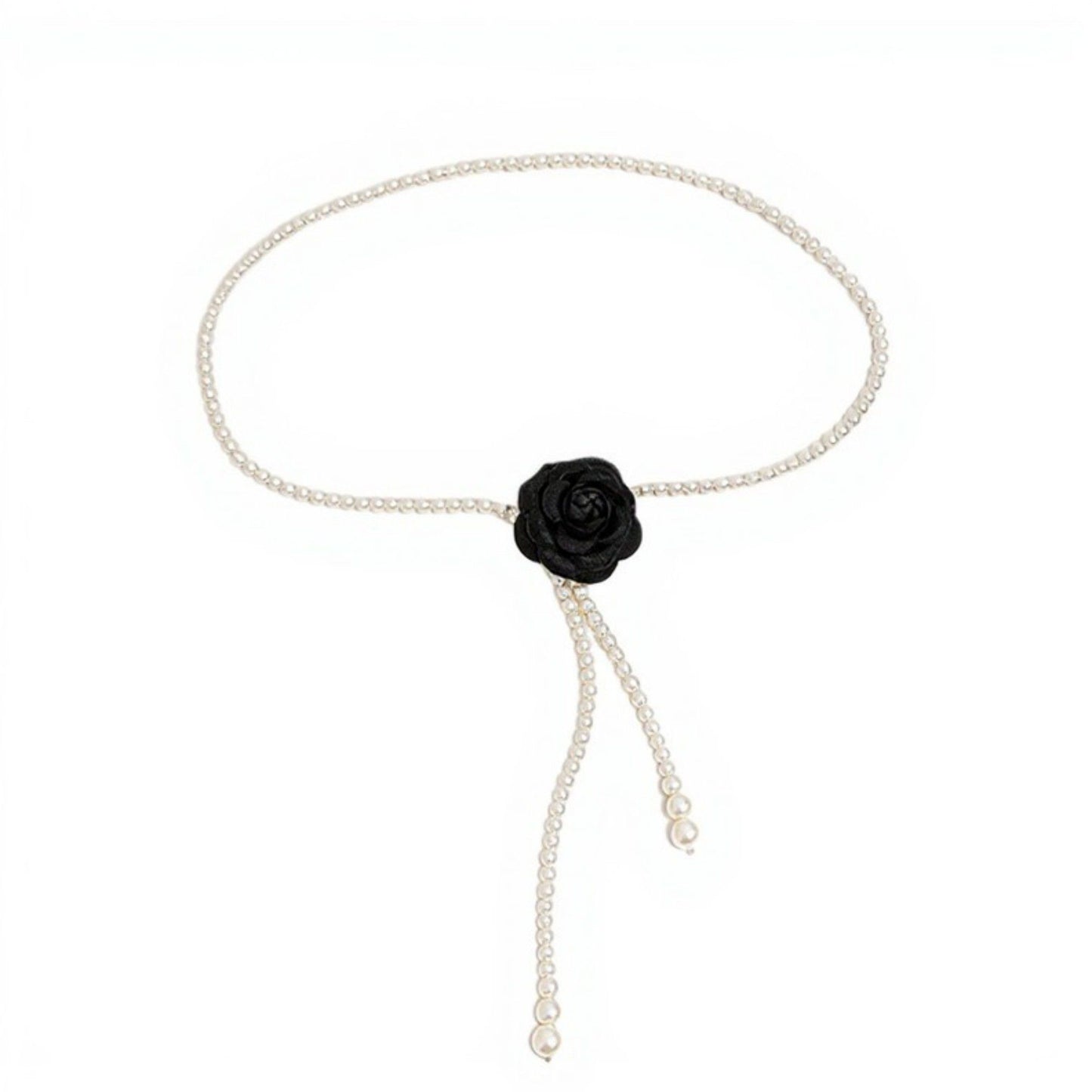 Faux Pearl Beaded Belt with Fabric Rose Accent and Drop Strand Detail 49in
