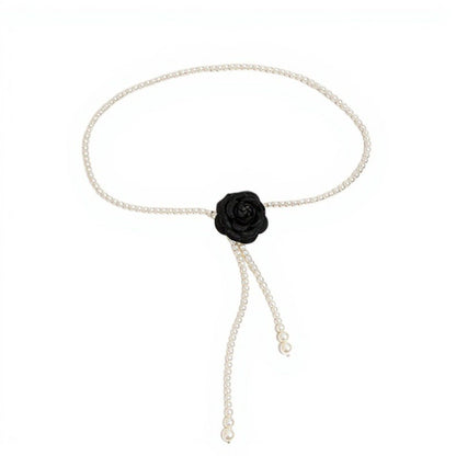 Faux Pearl Beaded Belt with Fabric Rose Accent and Drop Strand Detail 49in