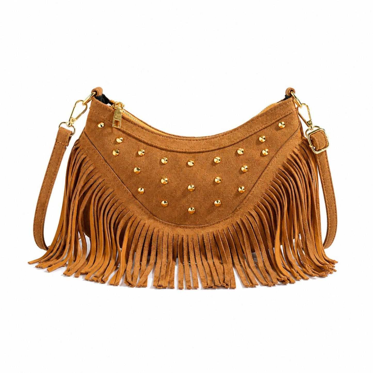 Studded Fringe Crossbody Bag Suede Look Crescent Shoulder Purse with Adjustable Strap