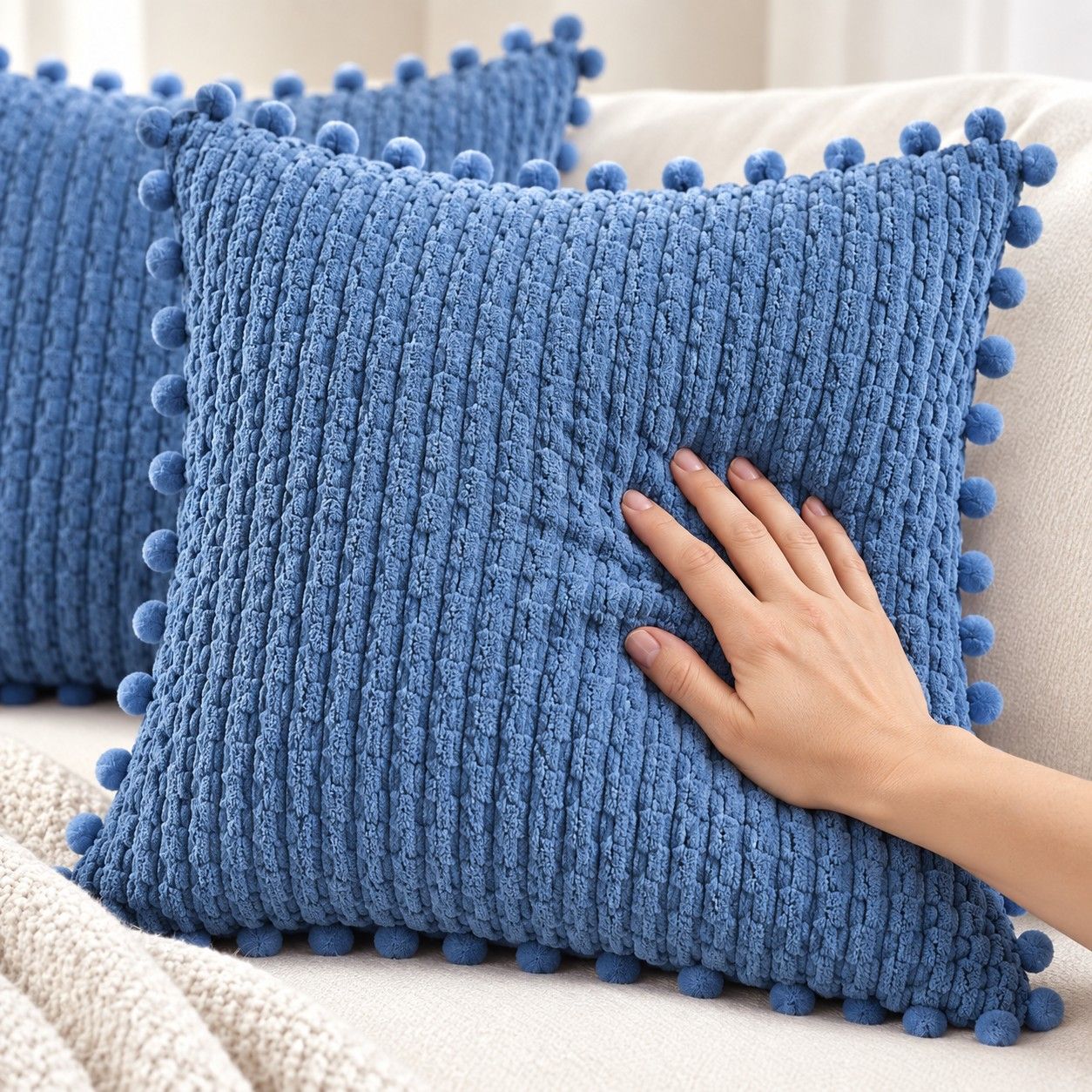 2 Pack Double Sided Corduroy Throw Pillow Covers 18 x 18 Inch with Pom Pom Trim