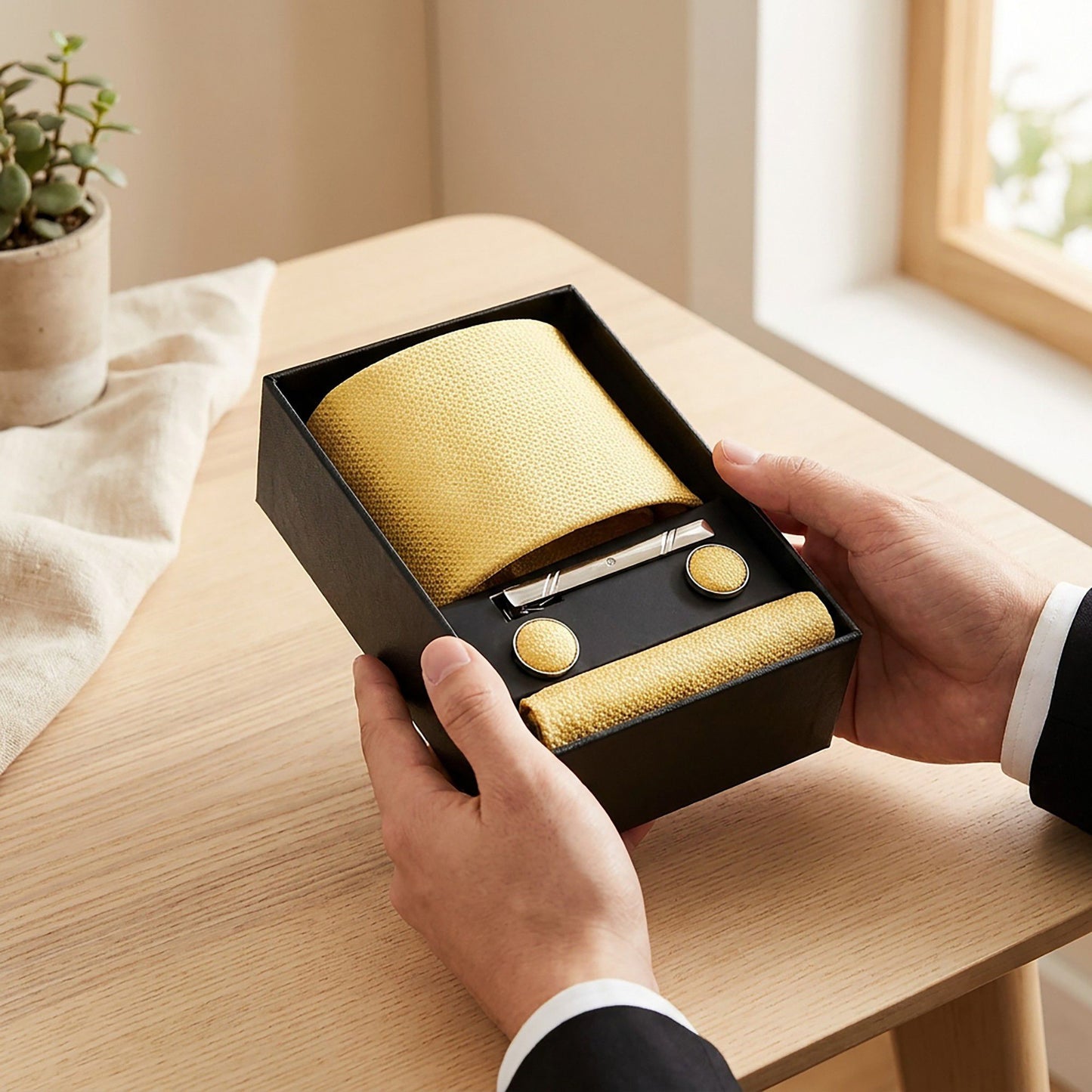 Men's Textured Solid Color Tie Gift Set with Matching Pocket Square Cufflinks and Silver Tie Clip