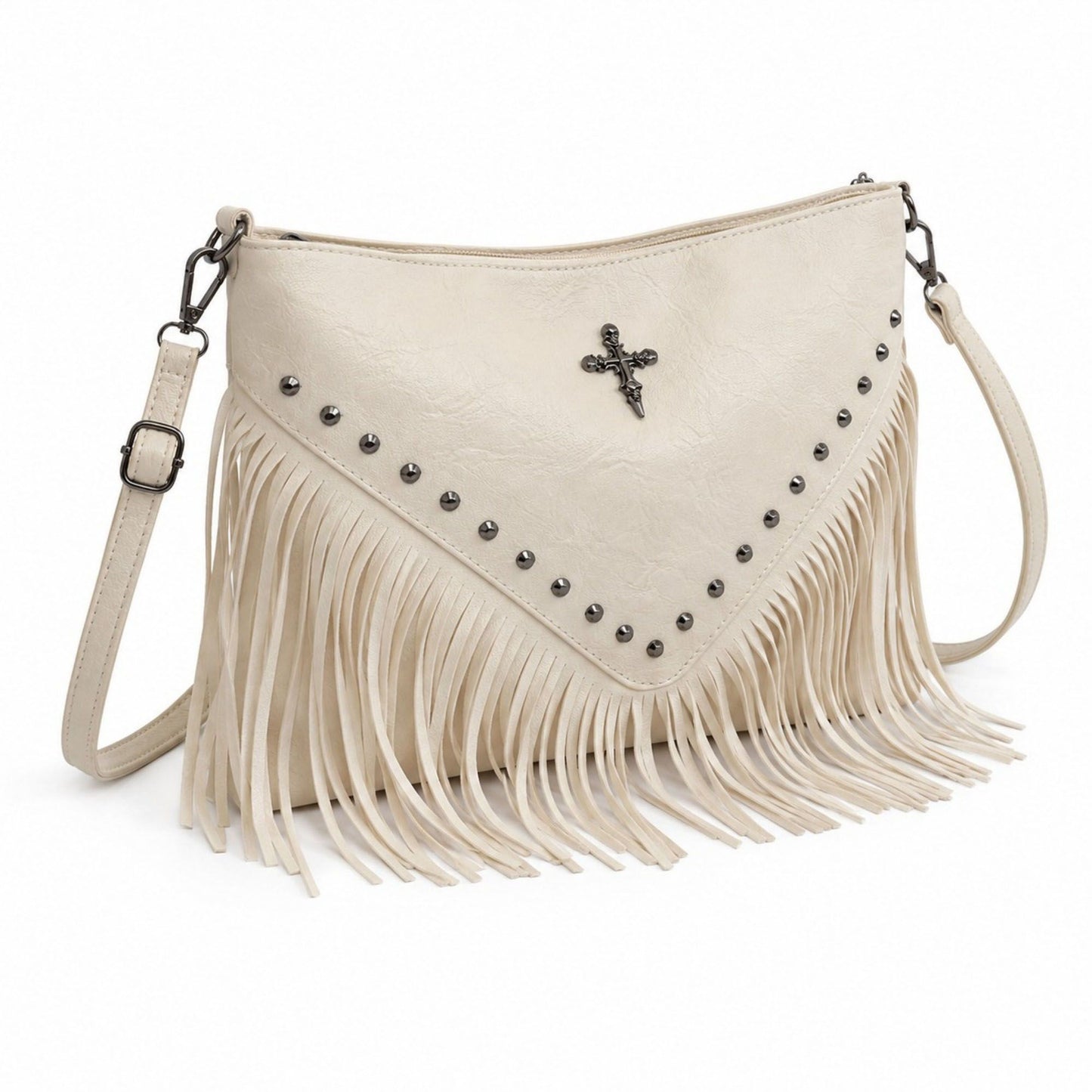 Studded Fringe Shoulder Bag with Adjustable Strap and Zip Closure