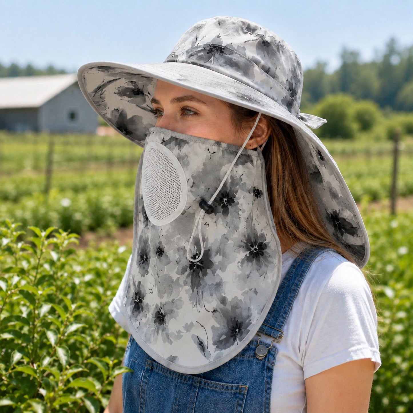 Floral Wide Brim Sun Hat with Face Cover Neck Flap and Mesh Breathing Panel