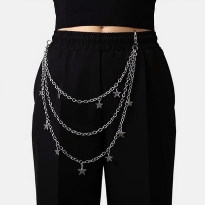 Star Charm Multi-Layer Chain Belt with Metal Loops and Punk-Inspired Drape Design 25in