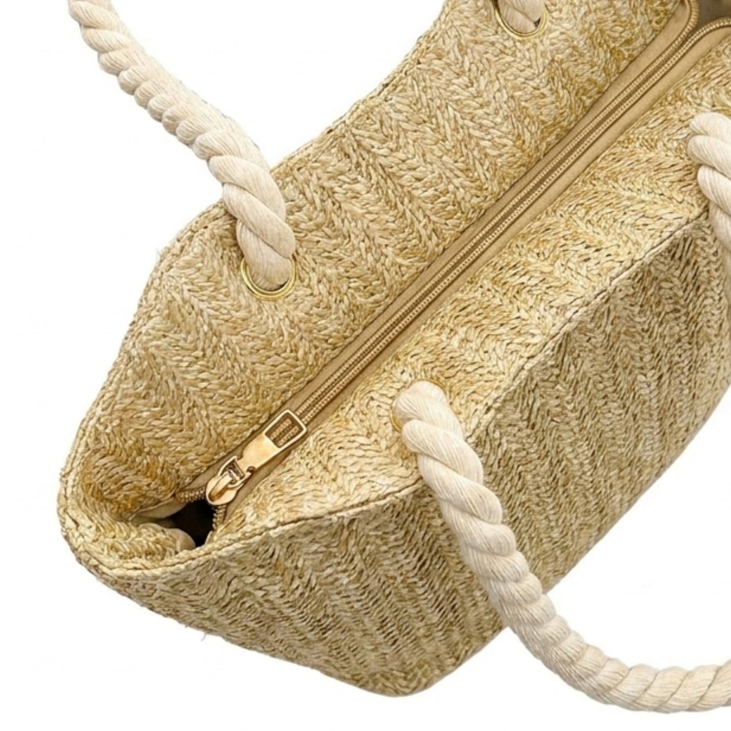 Woven Look Tote Bag with Rope Handles and Zipper Closure