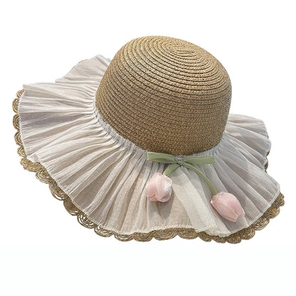 Wide Brim Straw Sun Hat with Pleated Sheer Brim Bow Accent and Floral Trim