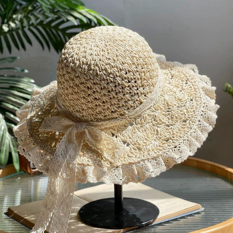 Wide Brim Straw Sun Hat Lace Trim Breathable Floppy Beach Vacation Hat