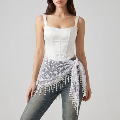 Sheer Embroidered Triangle Scarf with Floral Lace Trim and Tie Wrap Design