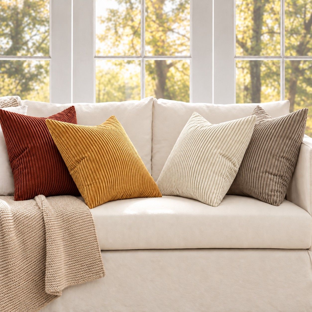 4 Pack Corduroy Throw Pillow Covers 18 x 18 Inch Wide Stripe Texture
