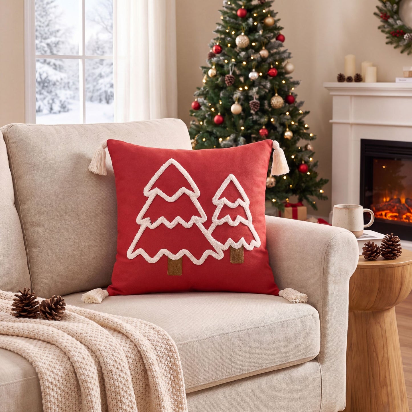 Christmas Tree Tufted Square Throw Pillow Cover with Tassels Holiday Decor
