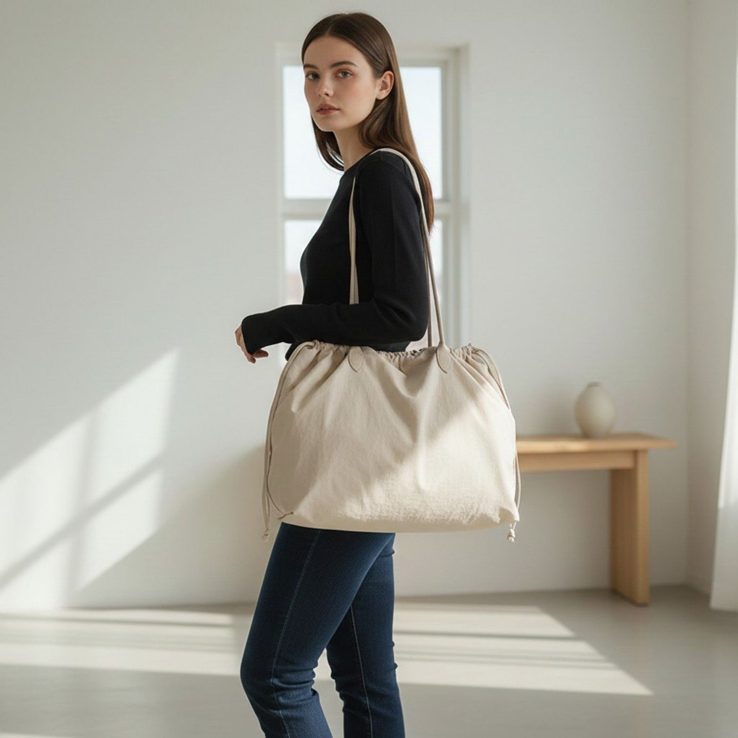 Nylon Drawstring Shoulder Tote Bag with Soft Slouchy Silhouette and Long Carry Straps