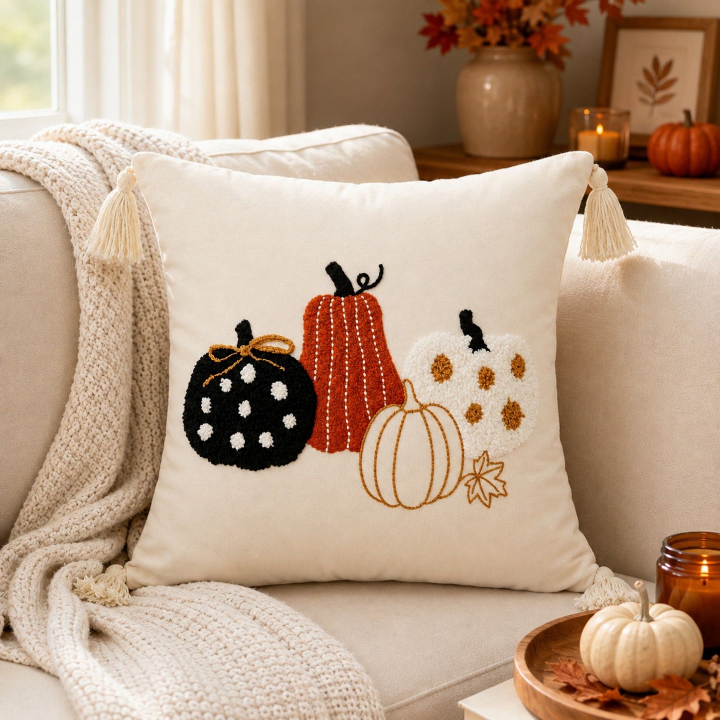 Autumn Tassel Throw Pillow Cover Square Decorative Cushion Cover