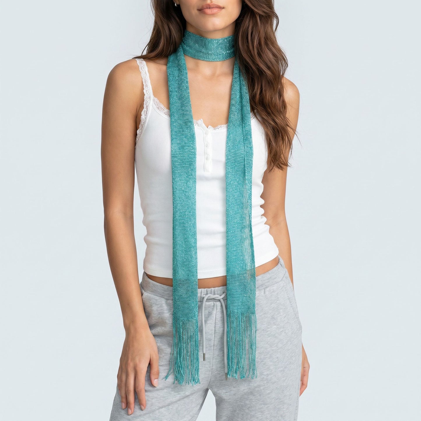 Lightweight Skinny Scarf with Metallic Sheen Fringe Trim and Long Neck Tie Design