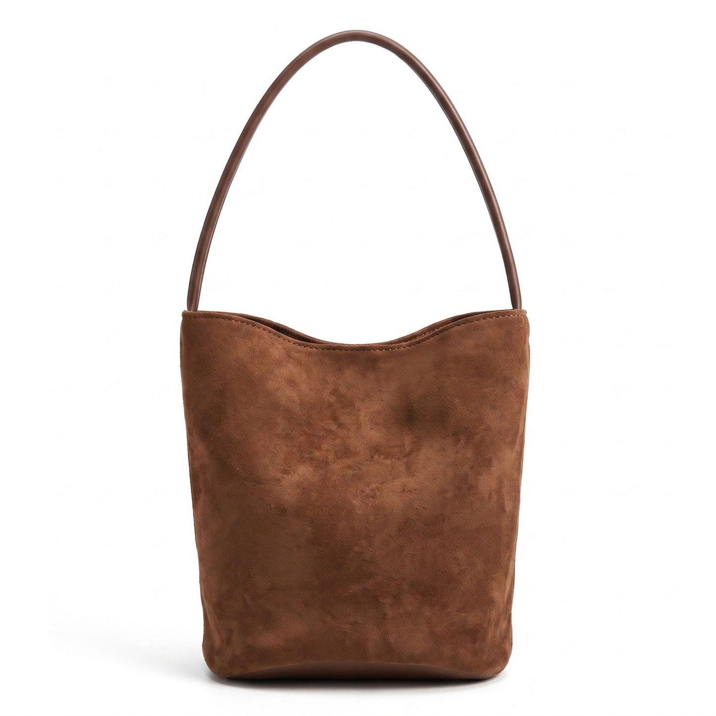 Suede-Look Bucket Shoulder Bag with Long Strap and Soft Structured Shape 9x7.5x6.5in