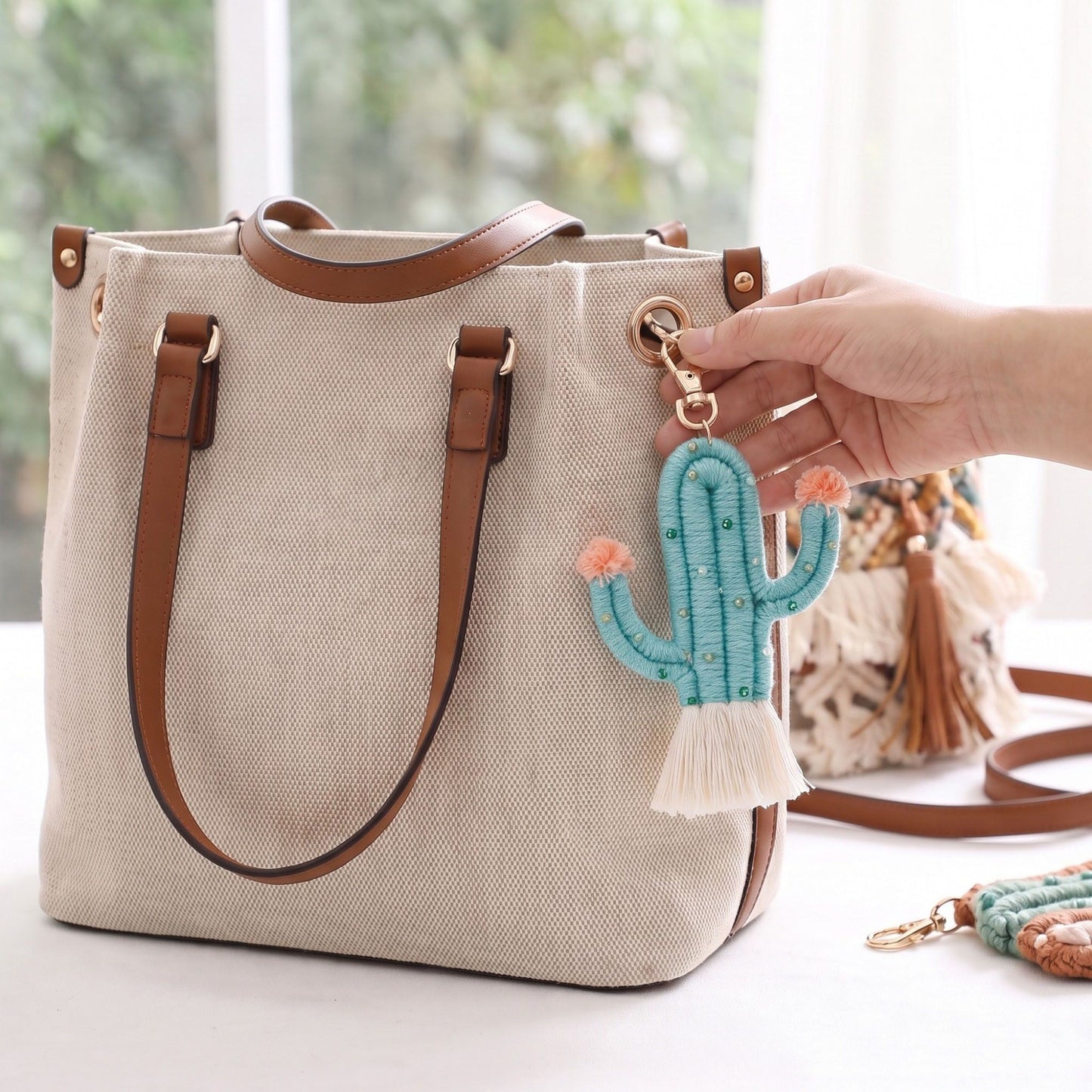 Cactus Macrame Keychain with Tassel Bag Charm