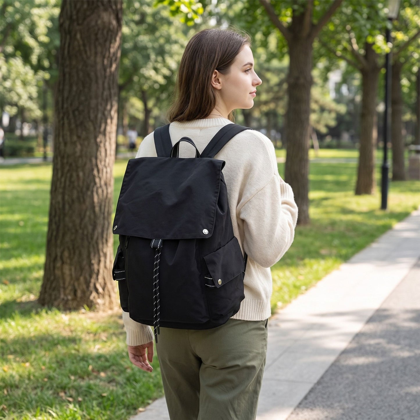 Canvas Flap Backpack with Drawstring Closure Side Pockets and Adjustable Shoulder Straps