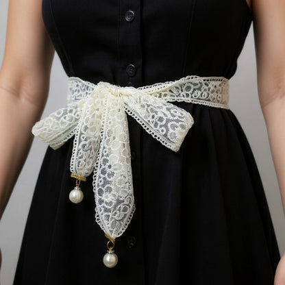 Floral Lace Ribbon Belt with Oversized Bow and Pearl Drop Details 59in