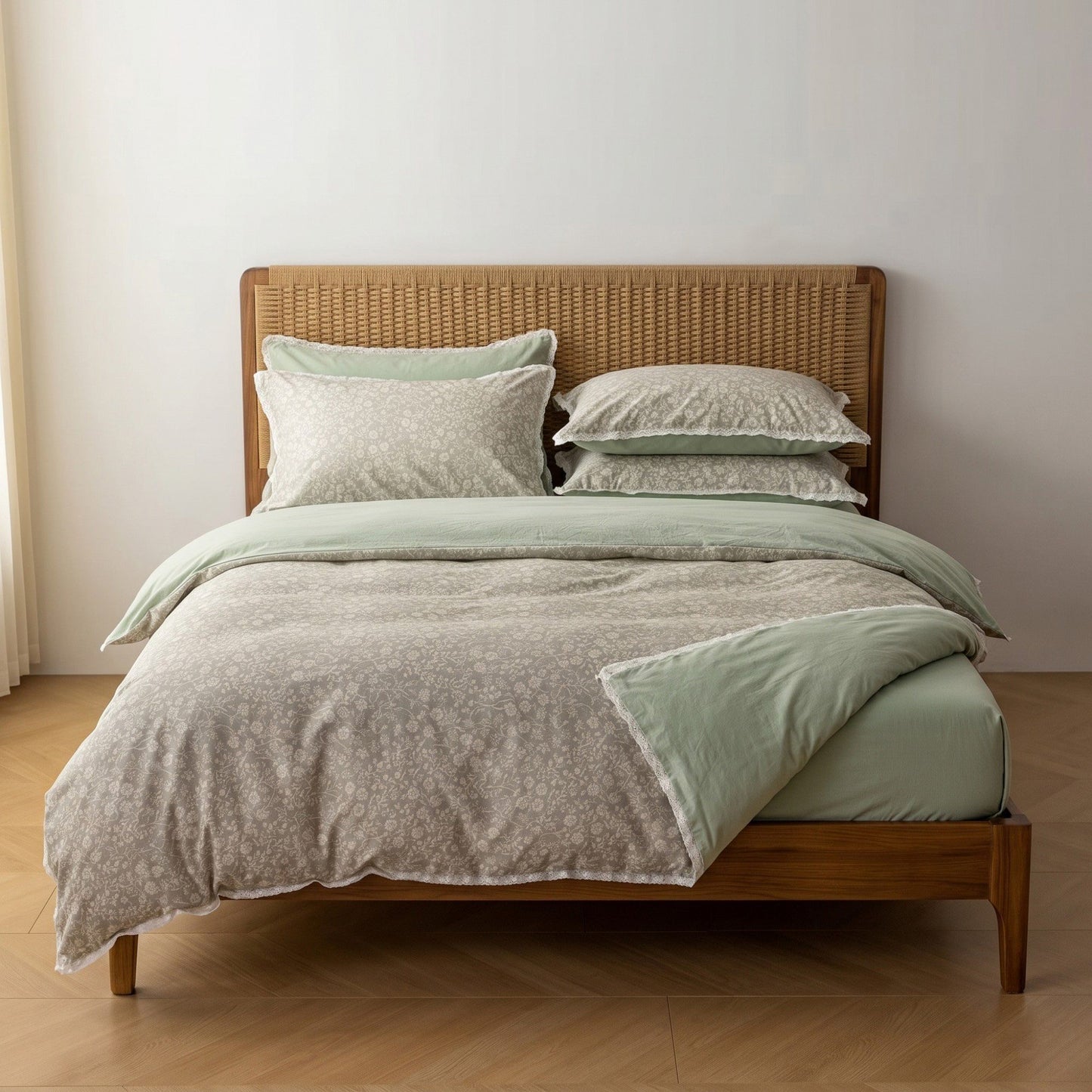 4-Piece Cotton Washed Jacquard Bedding Set with Duvet Cover Flat Sheet and Pillowcases Floral Texture