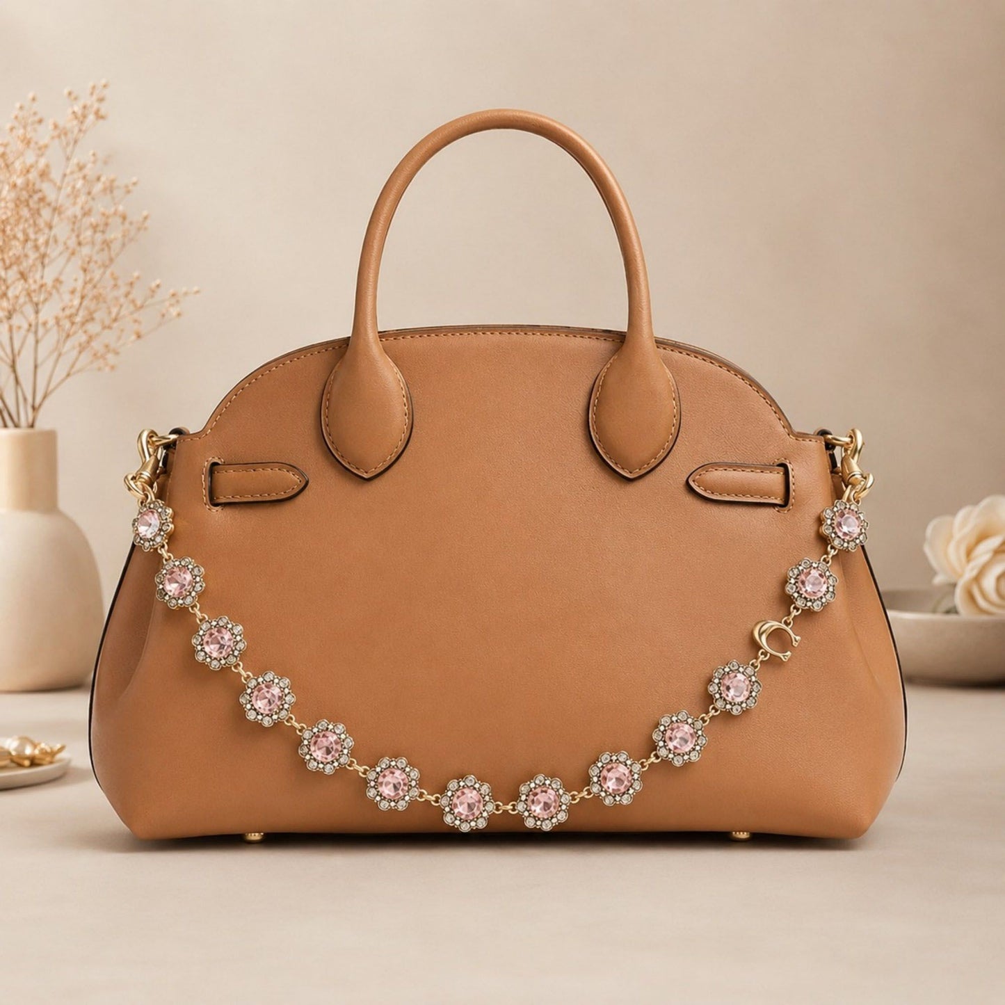 Pink Rhinestone Flower Bag Chain Purse Charm with Gold Tone Clips