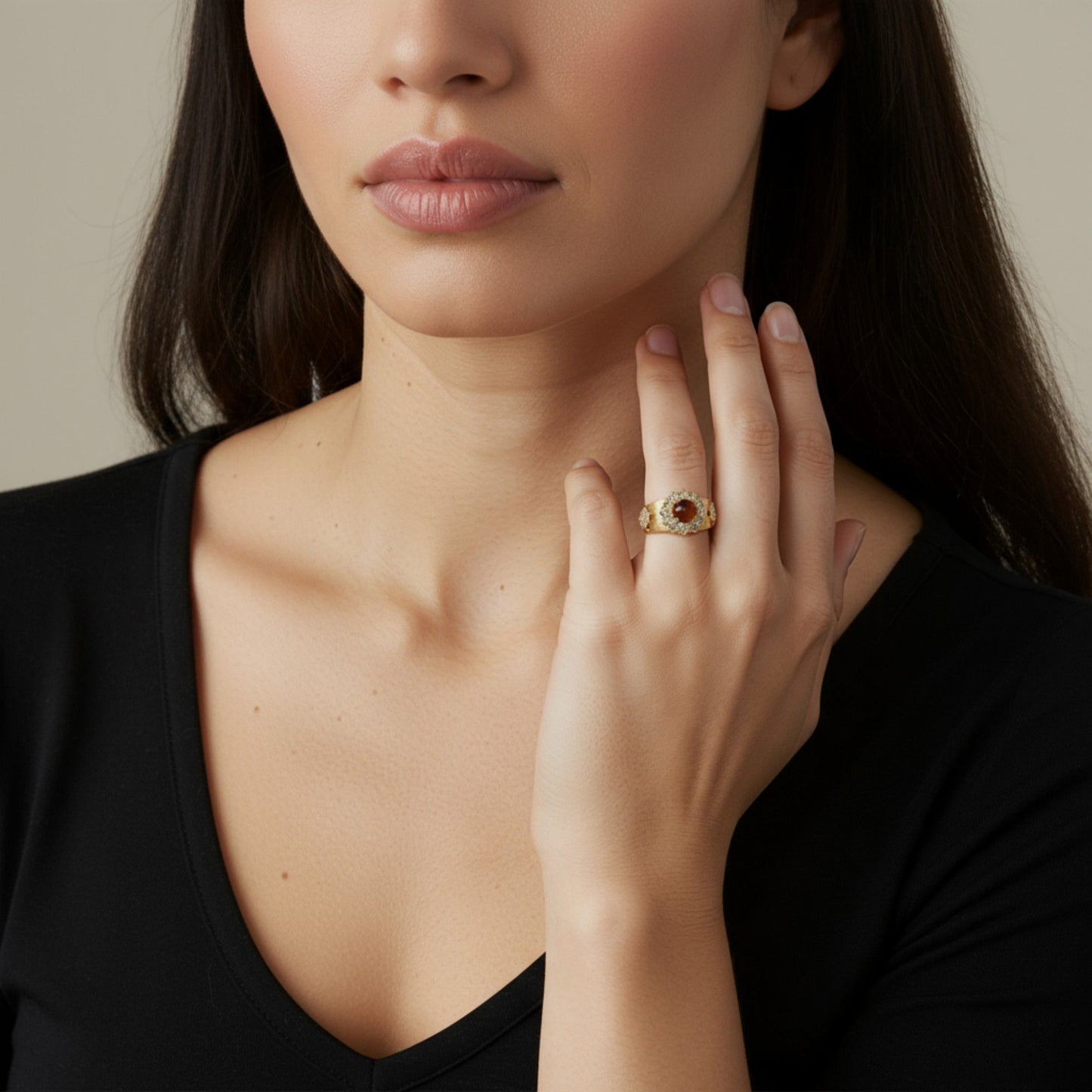 Oval Gemstone Statement Ring with Crystal Halo and Textured Band