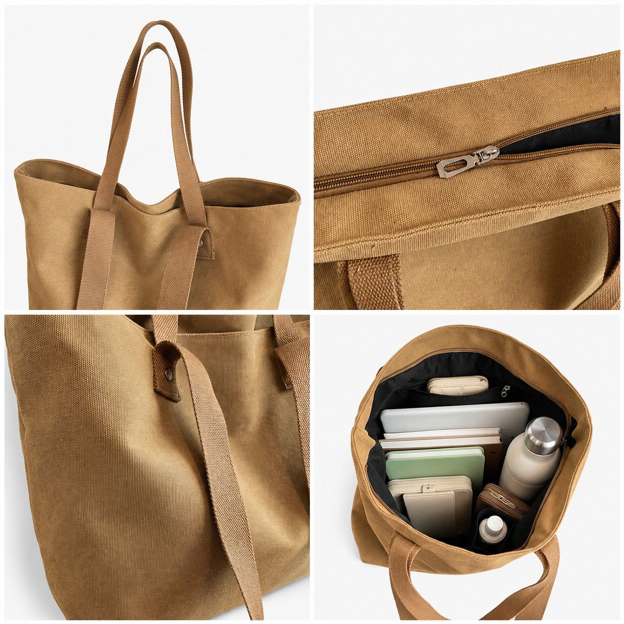 Large Canvas Tote Bag with Zip Closure Shoulder Straps for Work and Travel