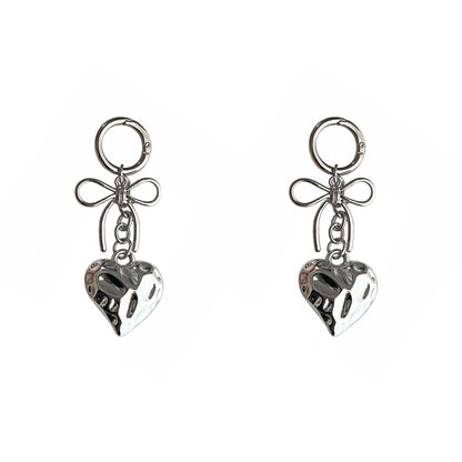 2 Pack Metal Heart Keychain with Bow Accent Clip and Polished Bag Charm Pendant
