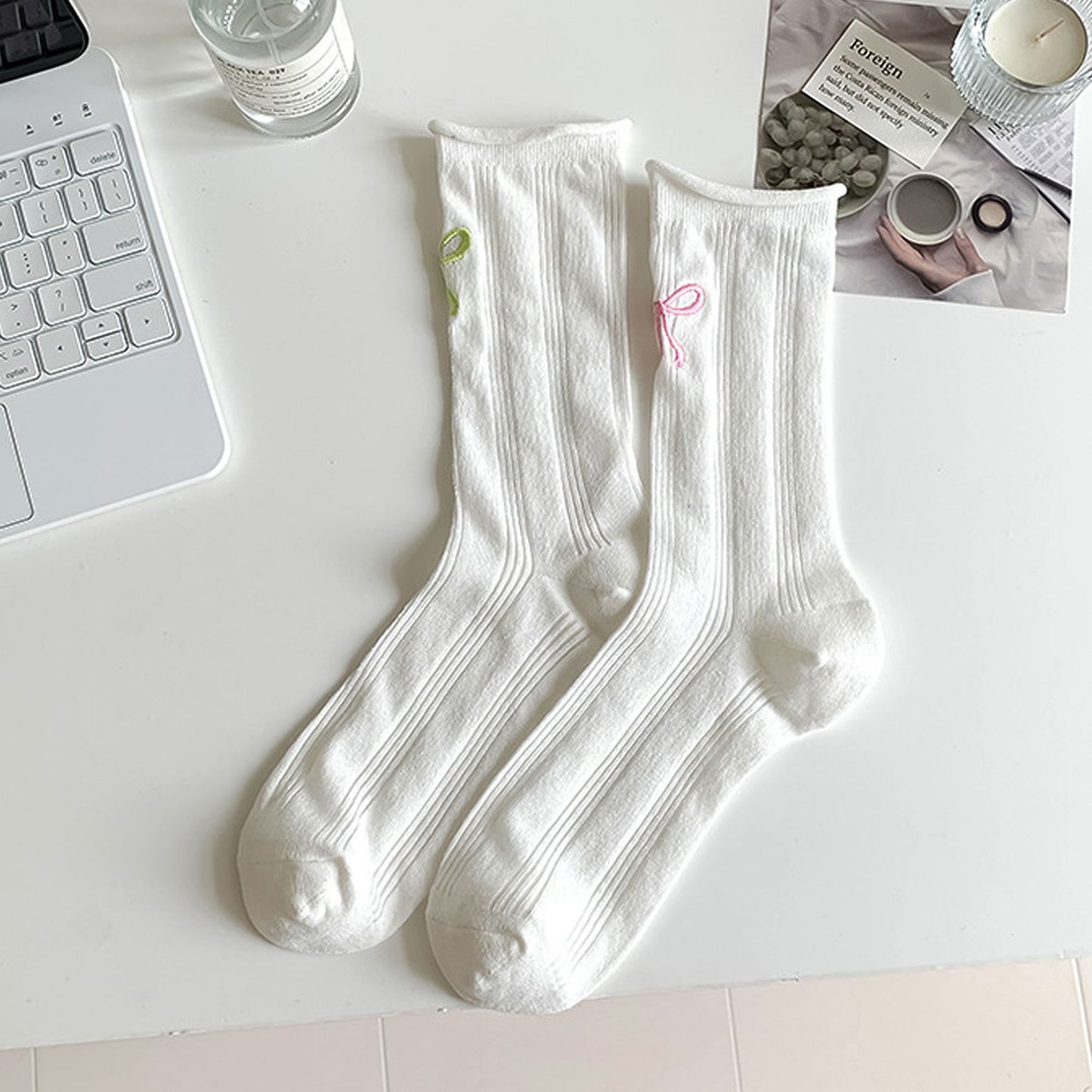 Adorable Bow-Embroidered Ribbed Ankle Socks 5Pk