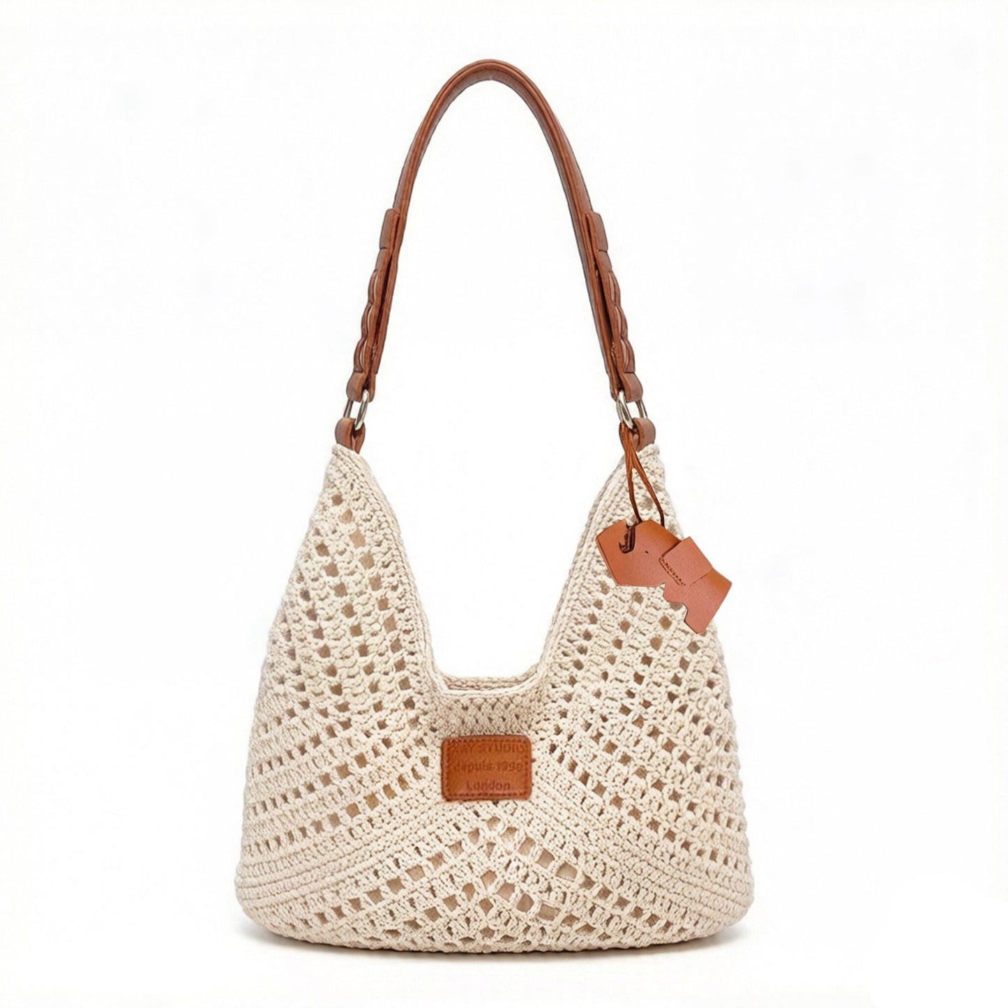 Woven Crochet Shoulder Bag with Embroidered Strap Slouchy Hobo Handbag Lightweight Knit Tote