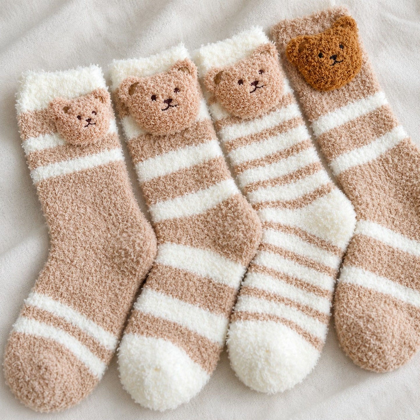Bear Fuzzy Crew Socks 4-Pair Set US 5-10.5